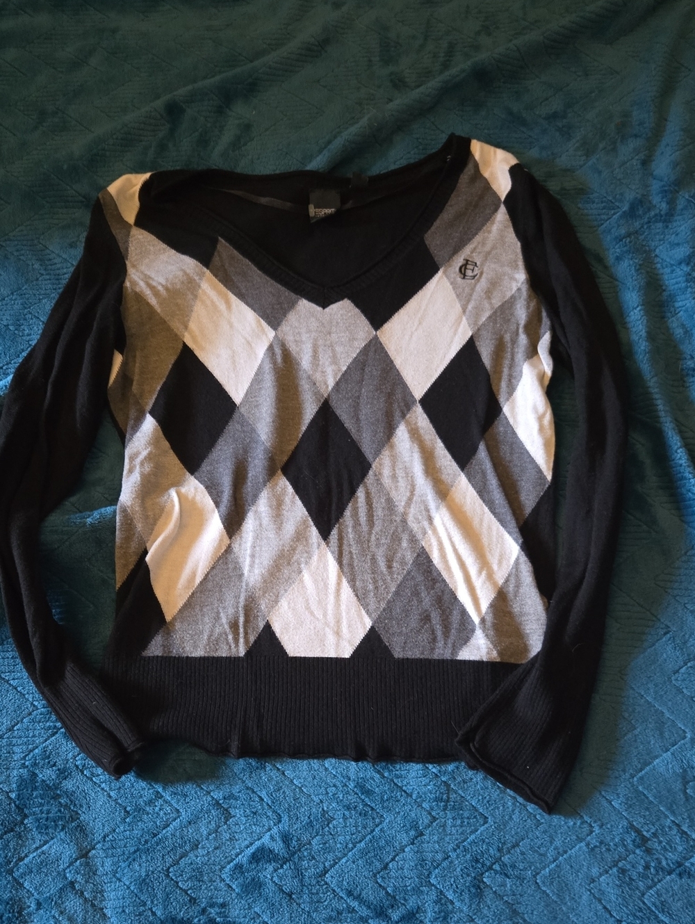 Esprit Women's Argyle V-Neck Sweater - Black, Gray, Cream